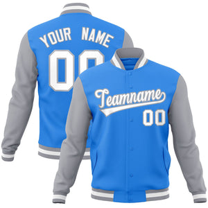 Custom Powder Blue White-Gray Raglan Sleeves Varsity Full-Snap Letterman Jacket