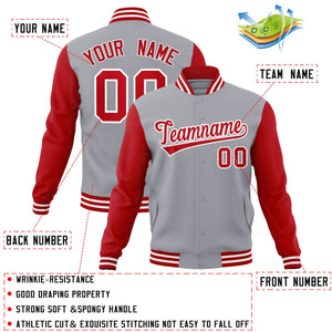 Veste Letterman Varsity Full-Snap à manches raglan personnalisées gris rouge-blanc