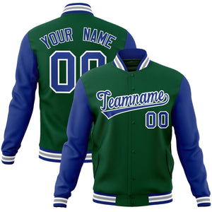 Custom Green Royal-White Raglan Sleeves Varsity Full-Snap Letterman Jacket