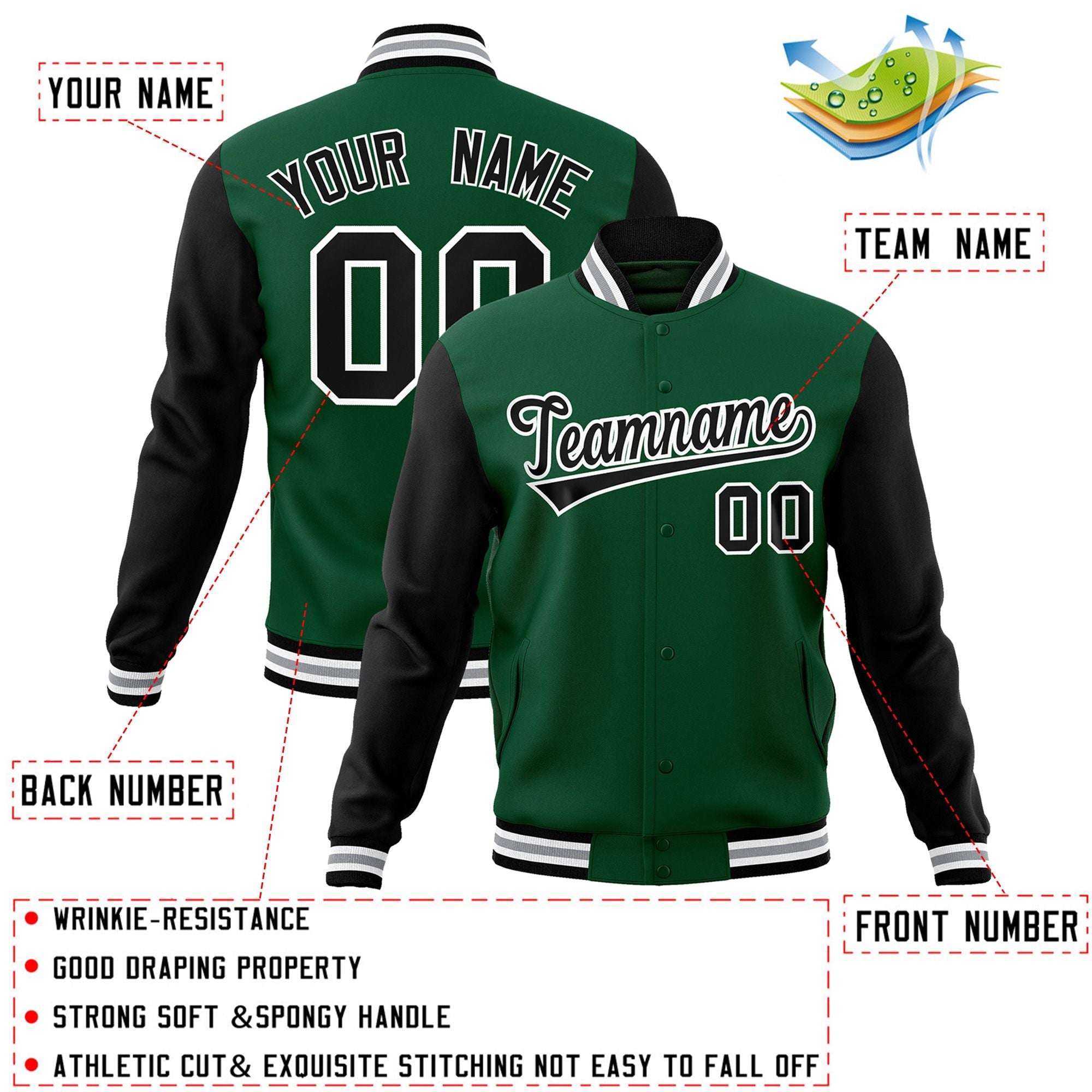 Veste Letterman Varsity Full-Snap à manches raglan personnalisées vert noir-blanc