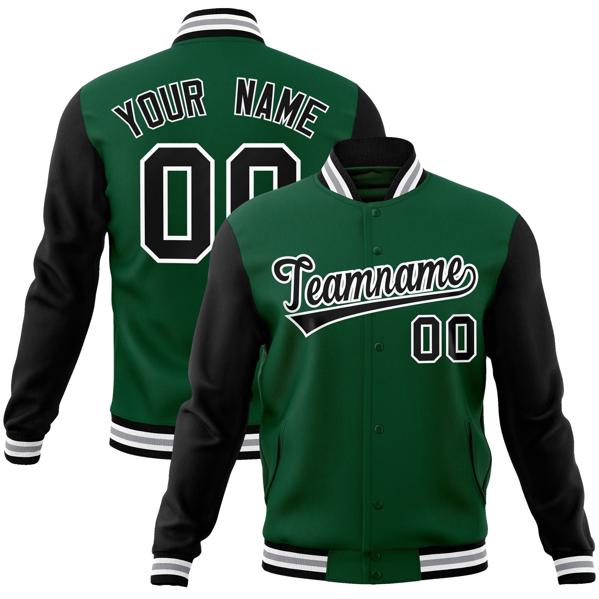 Custom Green Black-White Raglan Sleeves Varsity Full-Snap Letterman Jacket