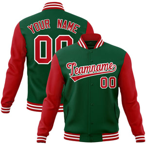 Veste Letterman Varsity Full-Snap à manches raglan personnalisées vert rouge-blanc