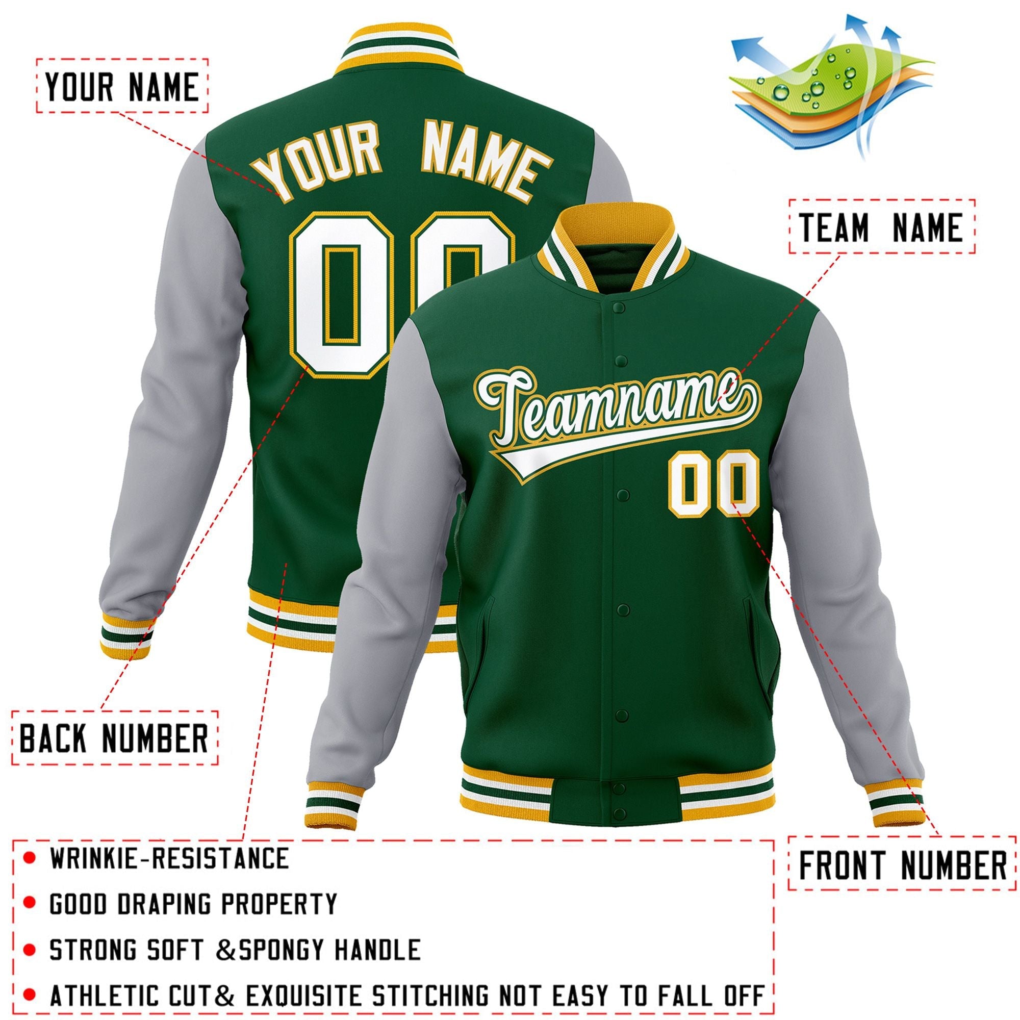 Veste Letterman Varsity Full-Snap à manches raglan personnalisées vert blanc-vert