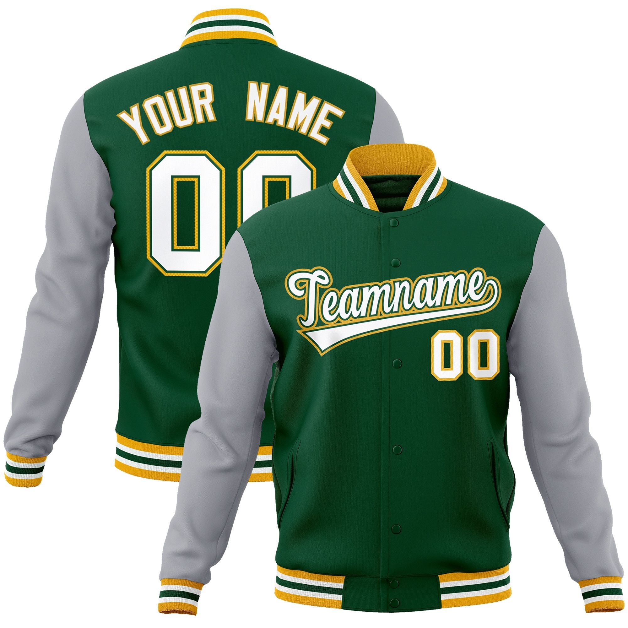 Custom Green White-Green Raglan Sleeves Varsity Full-Snap Letterman Jacket