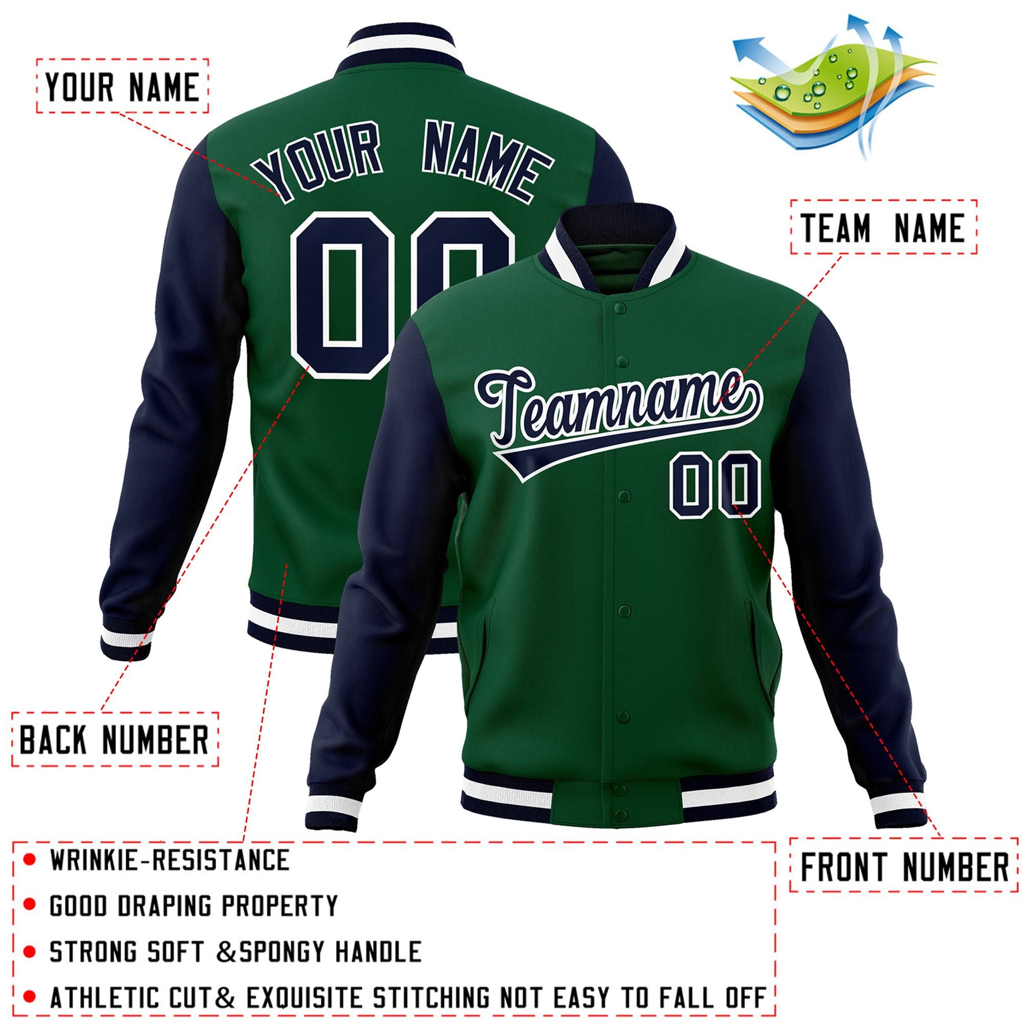 Veste Letterman Varsity Full-Snap à manches raglan personnalisées vert marine-blanc