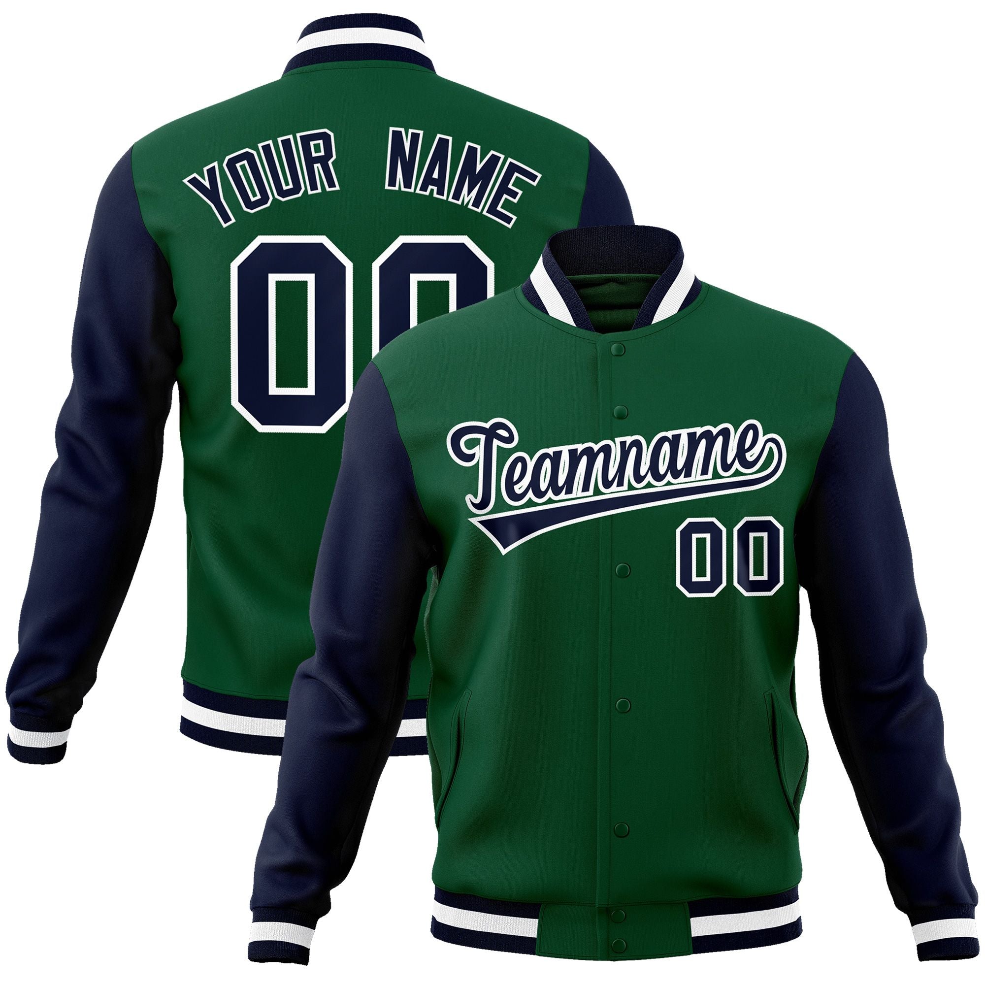 Custom Green Navy-White Raglan Sleeves Varsity Full-Snap Letterman Jacket