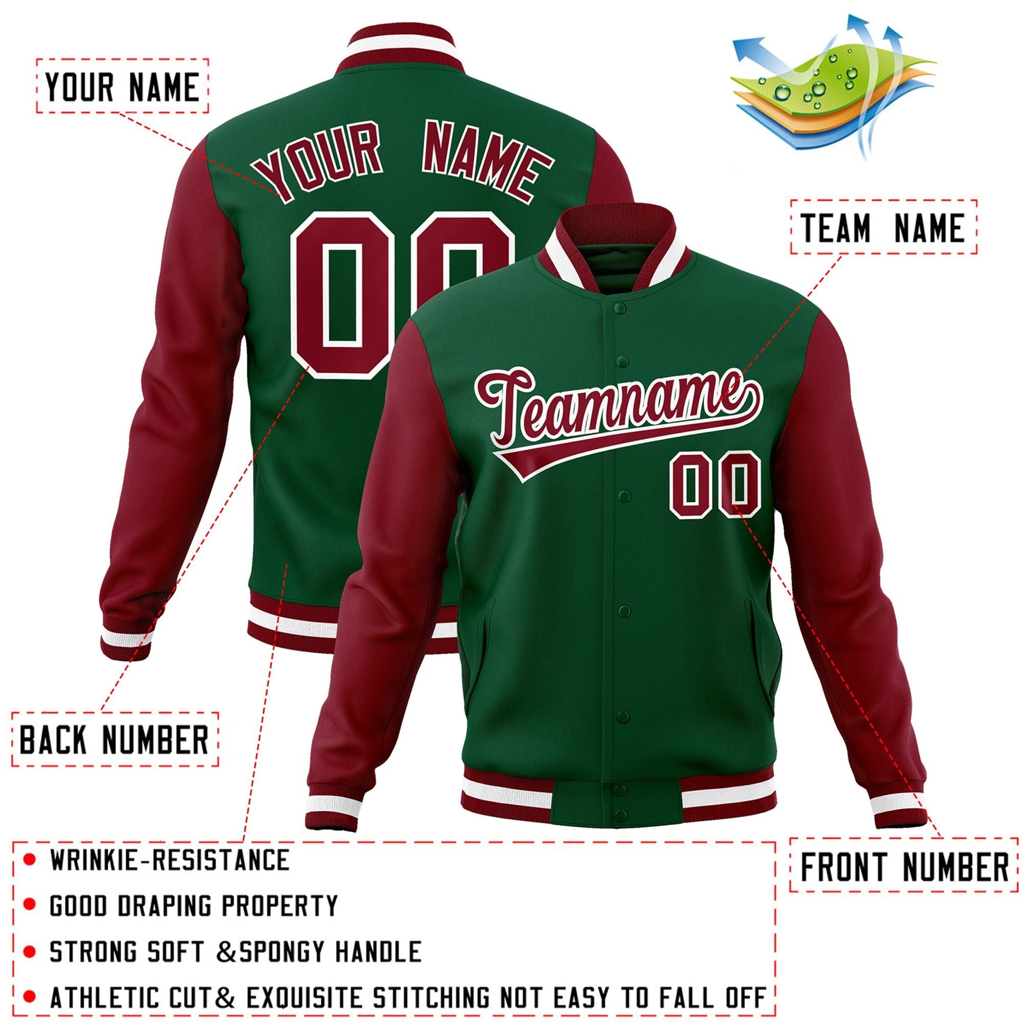 Custom Green Crimson-White Raglan Sleeves Varsity Full-Snap Letterman Jacket