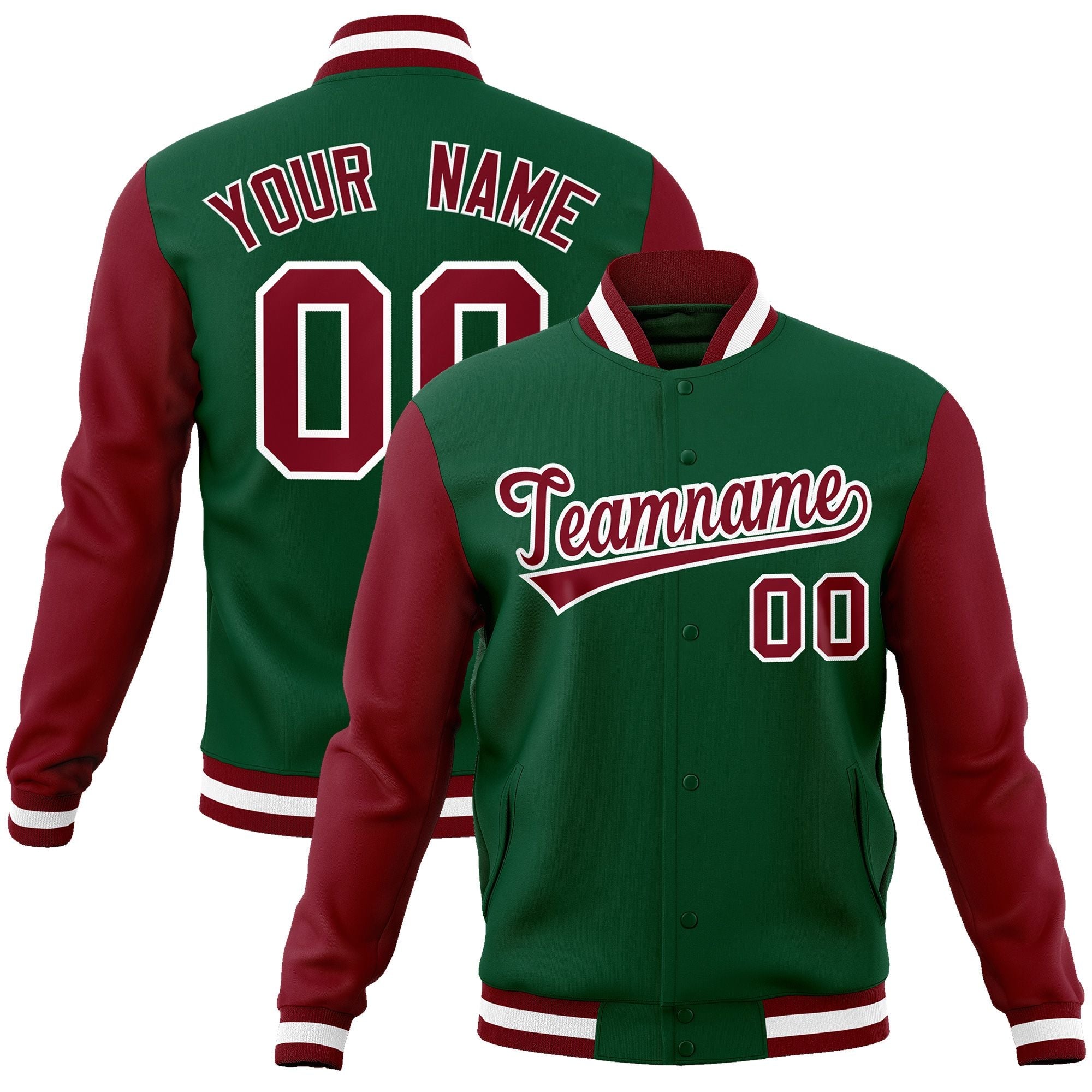 Custom Green Crimson-White Raglan Sleeves Varsity Full-Snap Letterman Jacket