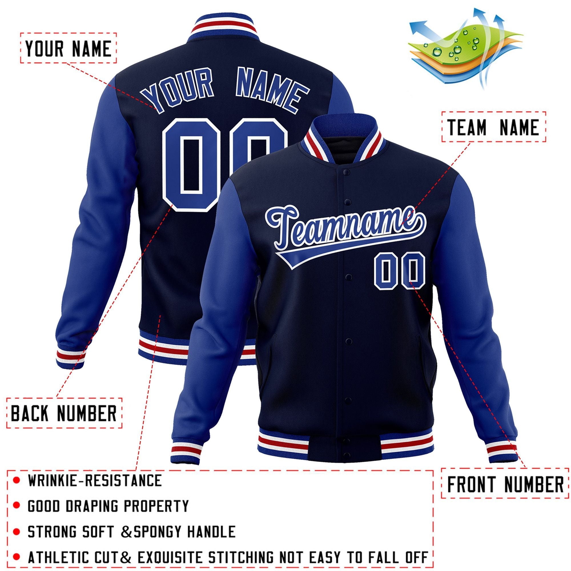 Custom Navy Royal-White Raglan Sleeves Varsity Full-Snap Letterman Jacket