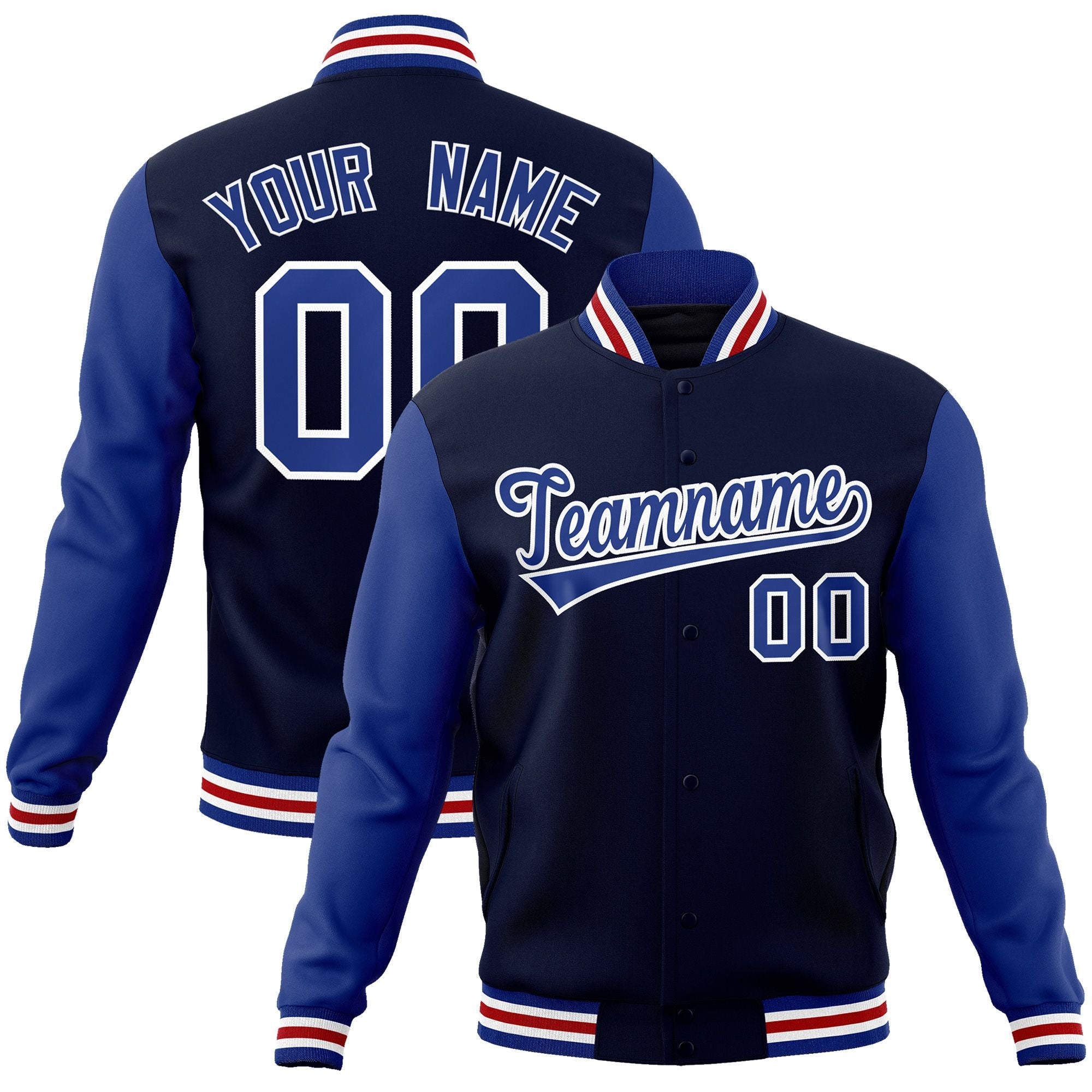 Custom Navy Royal-White Raglan Sleeves Varsity Full-Snap Letterman Jacket