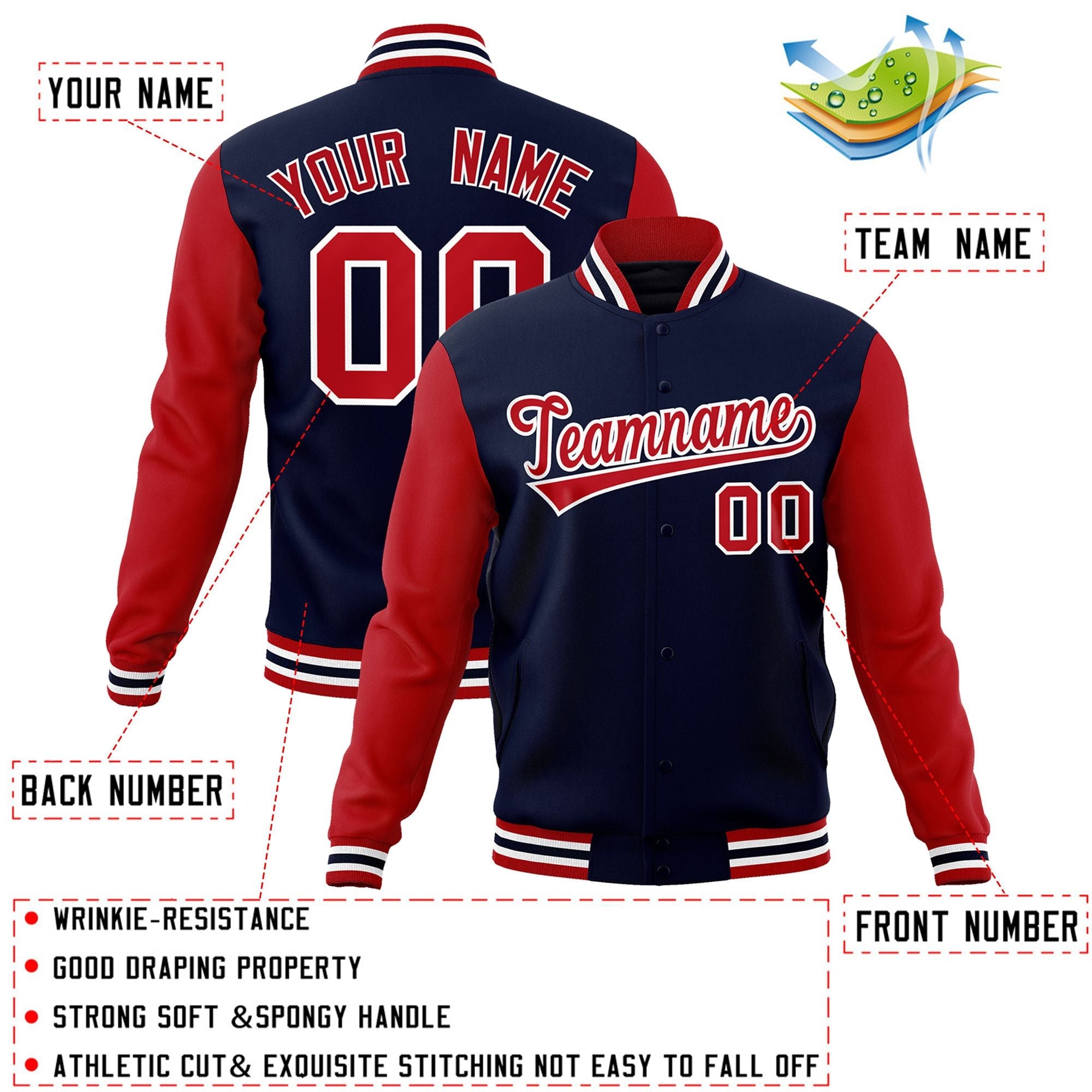 Custom Navy Red-White Raglan Sleeves Varsity Full-Snap Letterman Jacket