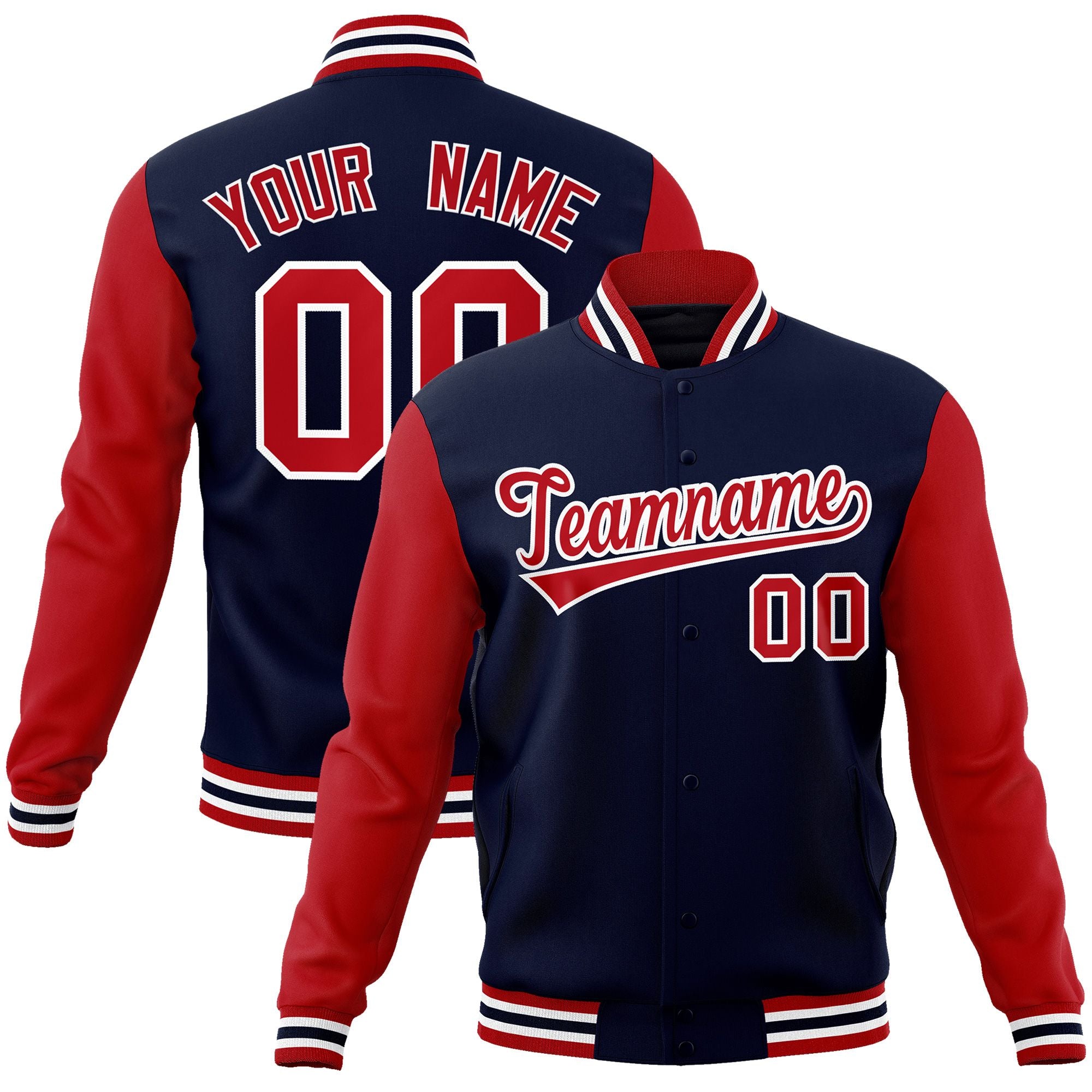 Custom Navy Red-White Raglan Sleeves Varsity Full-Snap Letterman Jacket