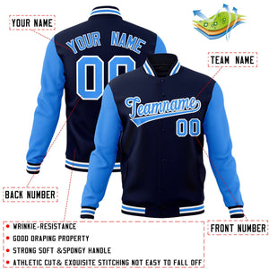 Custom Navy Powder Blue-White Raglan Sleeves Varsity Full-Snap Letterman Jacket