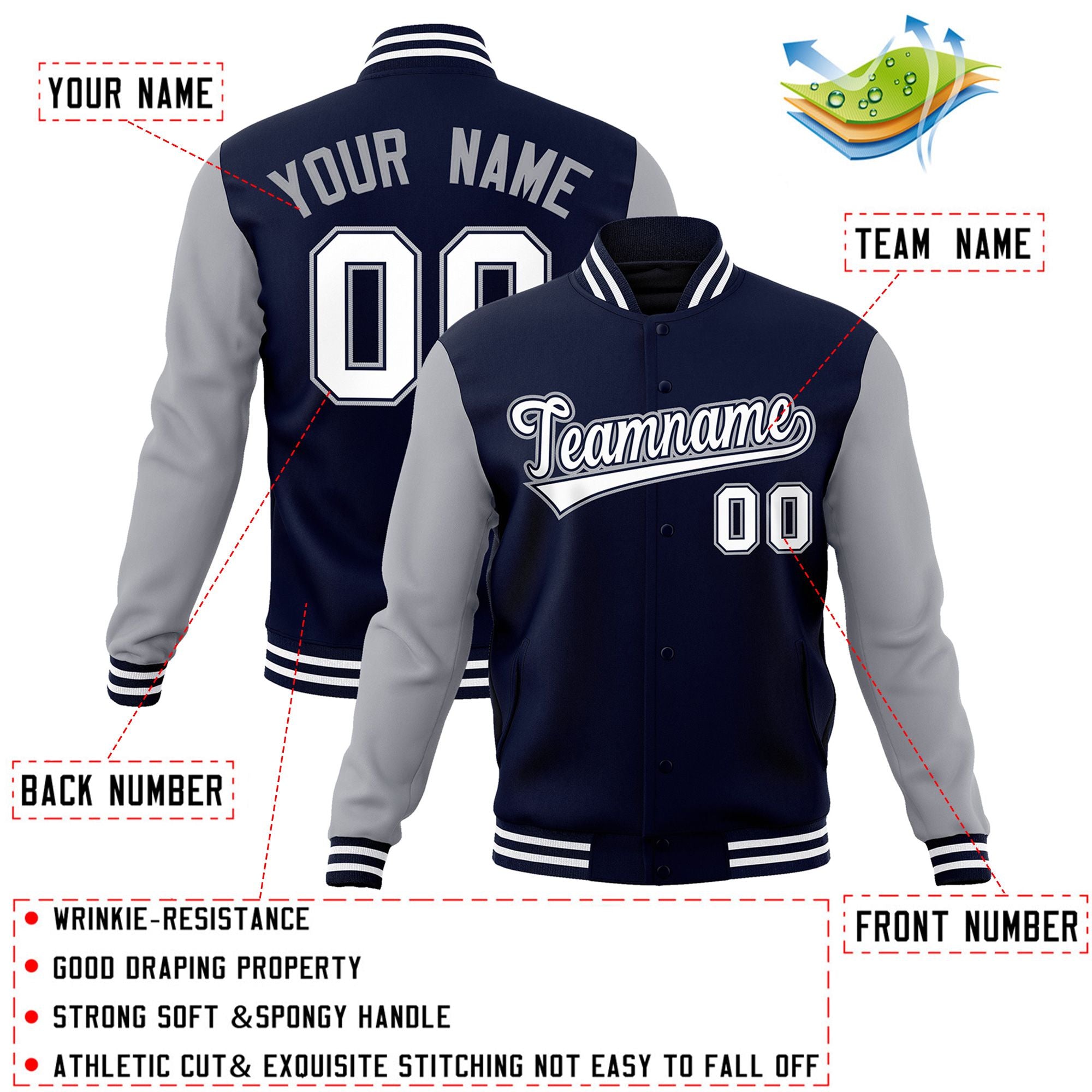 Veste Letterman universitaire à manches raglan blanc-marine personnalisée