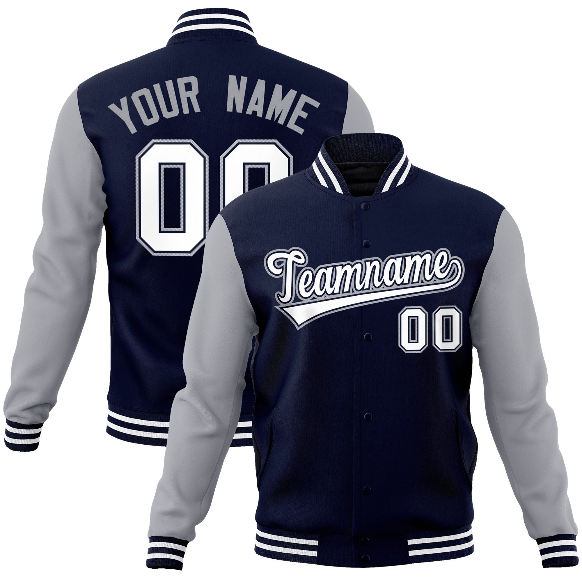 Custom Navy White-Navy Raglan Sleeves Varsity Full-Snap Letterman Jacket