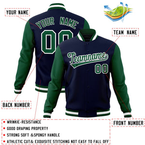 Custom Navy Green-White Raglan Sleeves Varsity Full-Snap Letterman Jacket