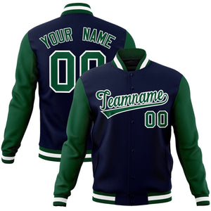 Custom Navy Green-White Raglan Sleeves Varsity Full-Snap Letterman Jacket