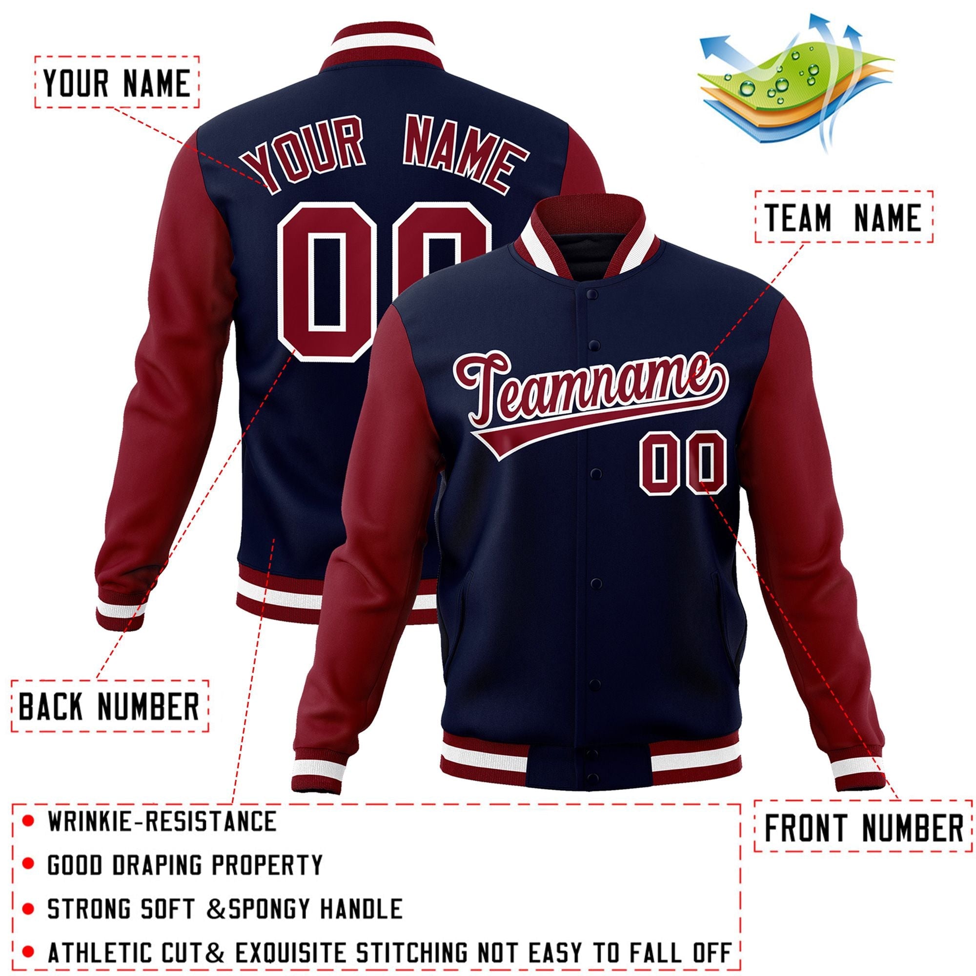 Custom Navy Crimson-White Raglan Sleeves Varsity Full-Snap Letterman Jacket