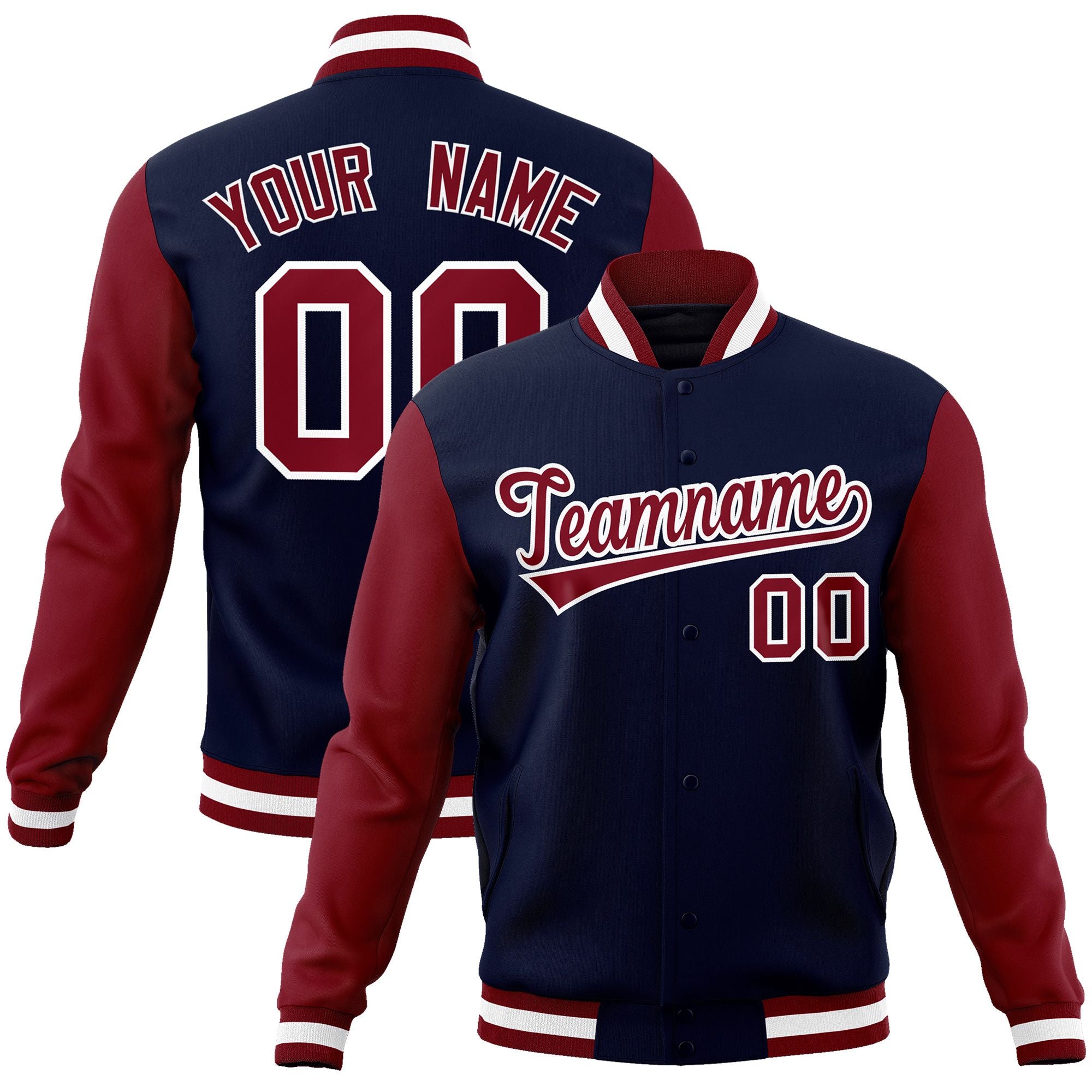 Custom Navy Crimson-White Raglan Sleeves Varsity Full-Snap Letterman Jacket