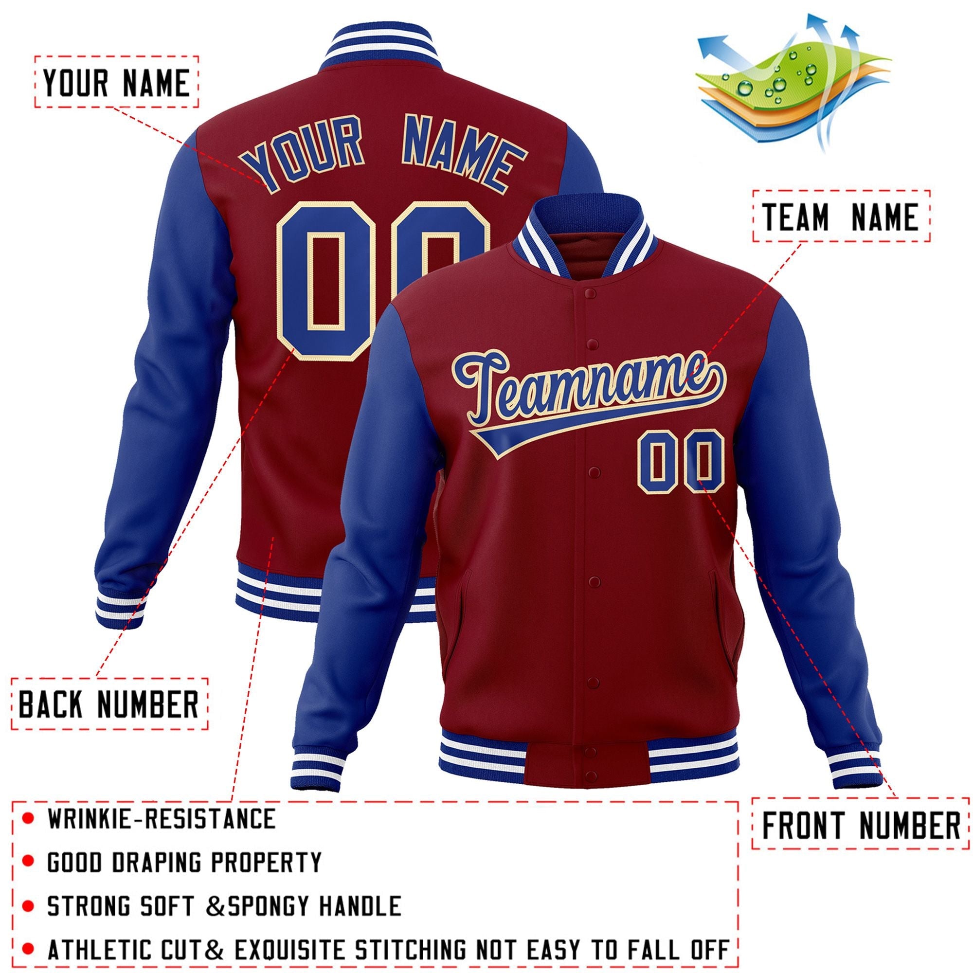 Custom Crimson Royal-Khaki Raglan Sleeves Varsity Full-Snap Letterman Jacket