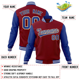 Veste Letterman Varsity Full-Snap Custom Crimson Royal-Khaki à manches raglan