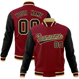 Custom Crimson Black-Khaki Raglan Sleeves Varsity Full-Snap Letterman Jacket