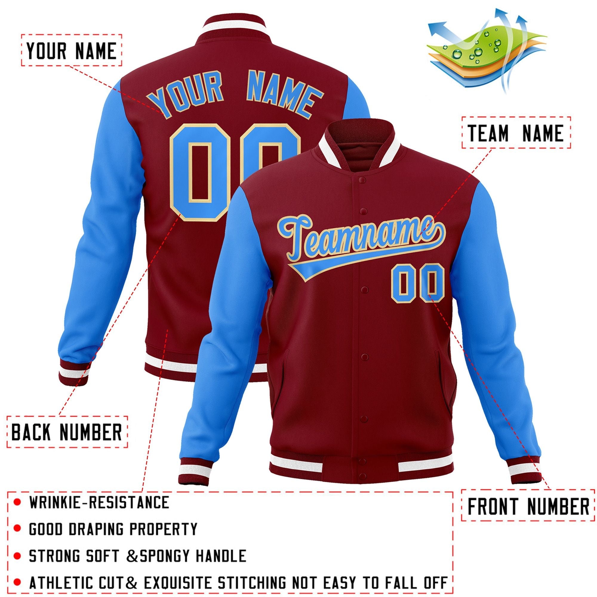 Custom Crimson Powder Blue-Khaki Raglan Sleeves Varsity Full-Snap Letterman Jacket