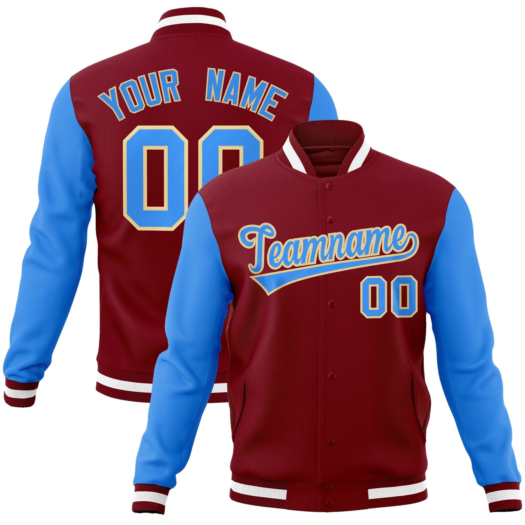 Custom Crimson Powder Blue-Khaki Raglan Sleeves Varsity Full-Snap Letterman Jacket