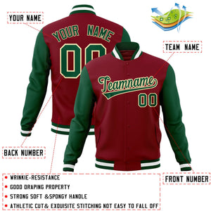 Custom Crimson Green-Khaki Raglan Sleeves Varsity Full-Snap Letterman Jacket