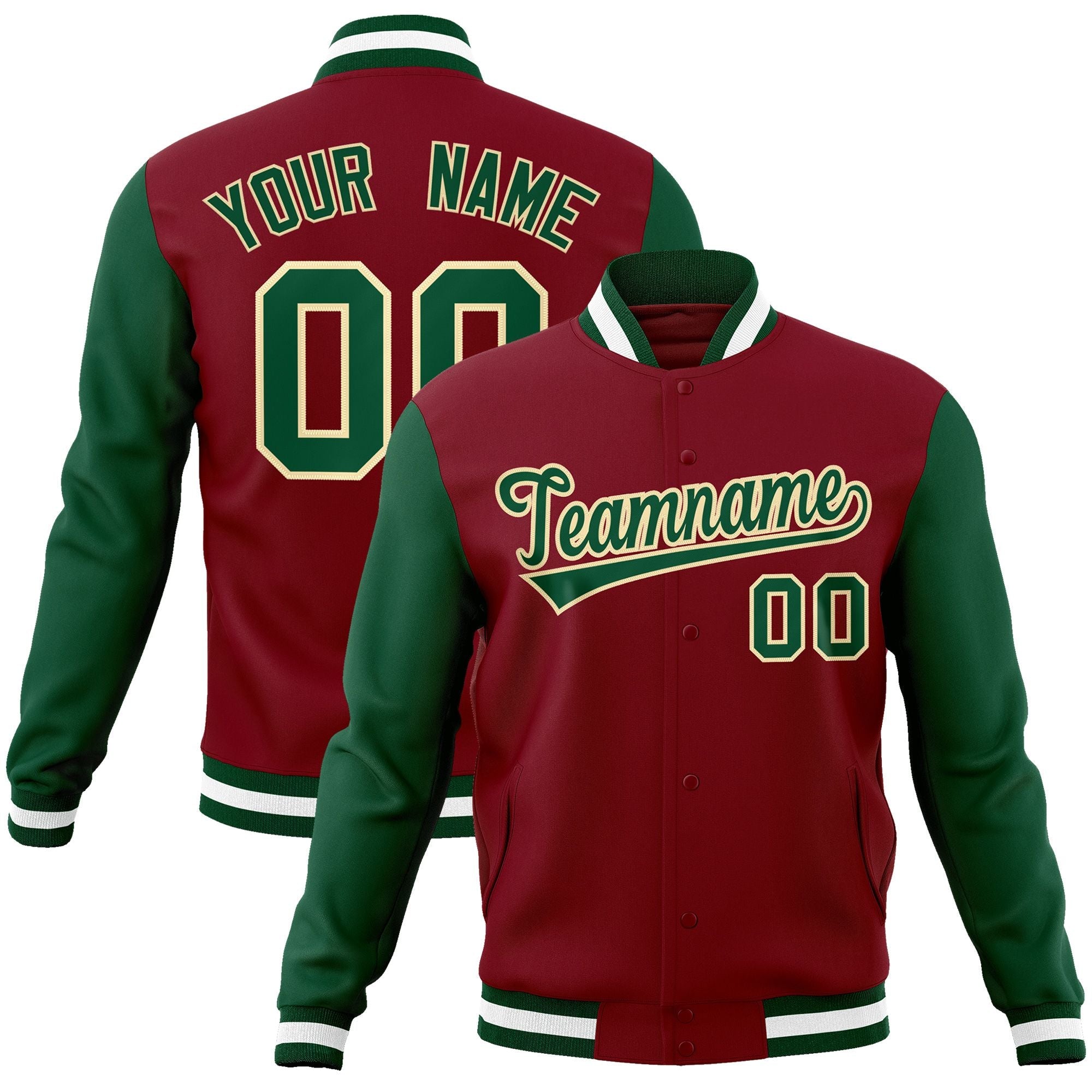 Custom Crimson Green-Khaki Raglan Sleeves Varsity Full-Snap Letterman Jacket