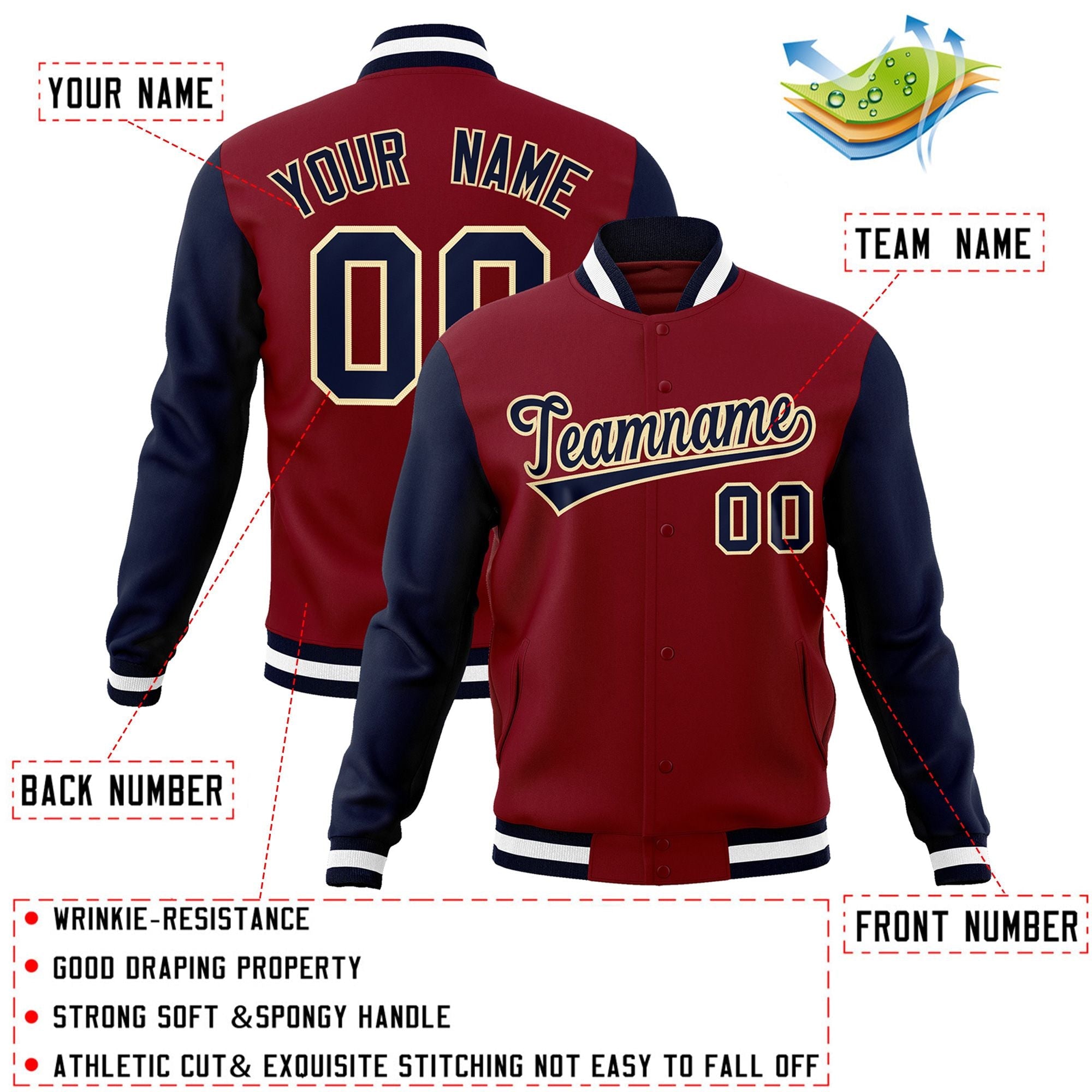 Veste Letterman Varsity Full-Snap Custom Crimson Navy-Kaki à manches raglan