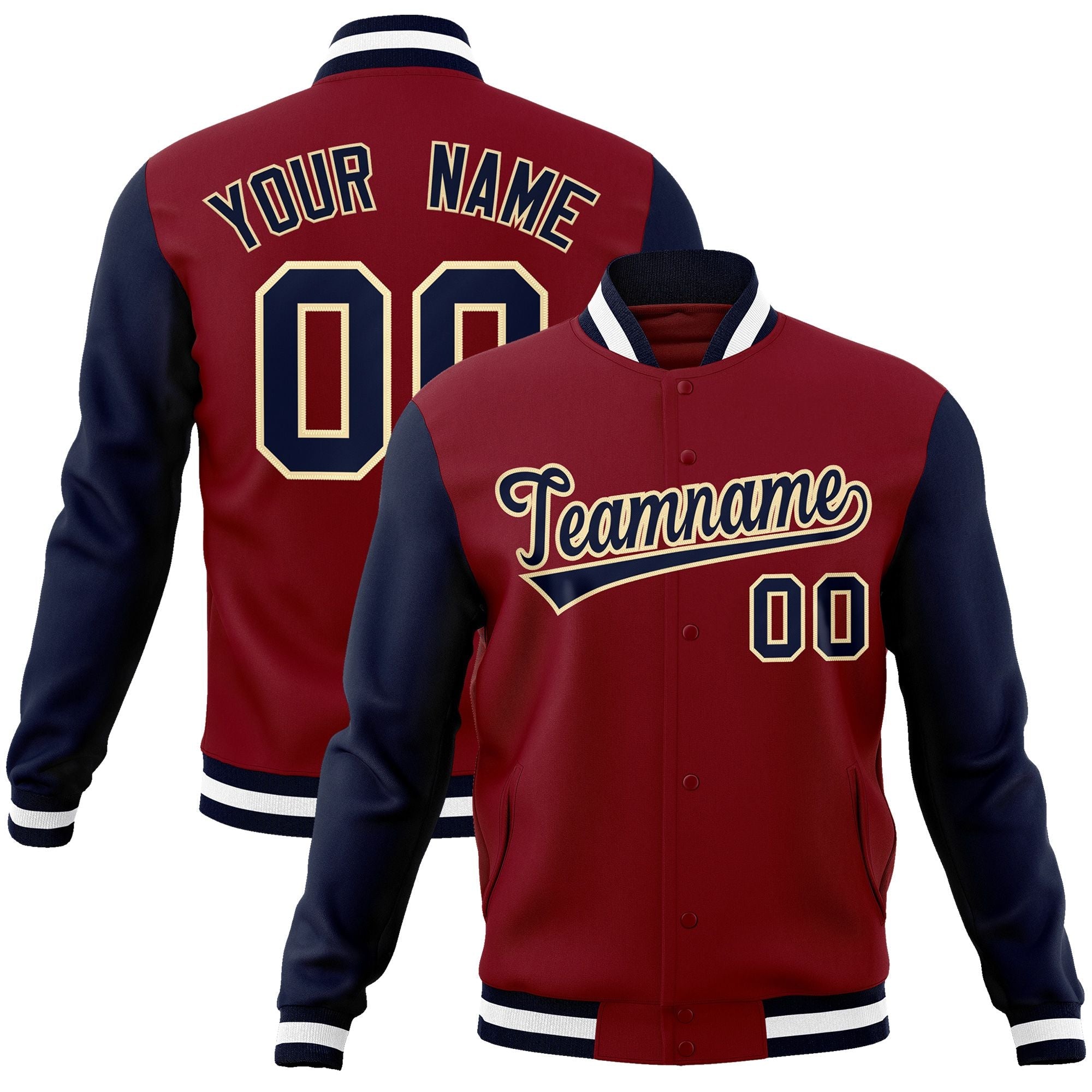 Custom Crimson Navy-Khaki Raglan Sleeves Varsity Full-Snap Letterman Jacket