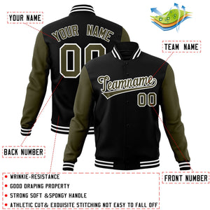 Custom Black Olive-White Raglan Sleeves Varsity Full-Snap Letterman Jacket