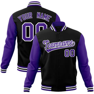 Custom Black Purple-White Raglan Sleeves Varsity Full-Snap Letterman Jacket