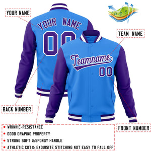 Veste Letterman Varsity Full-Snap à manches raglan bleu poudre personnalisée violet-blanc