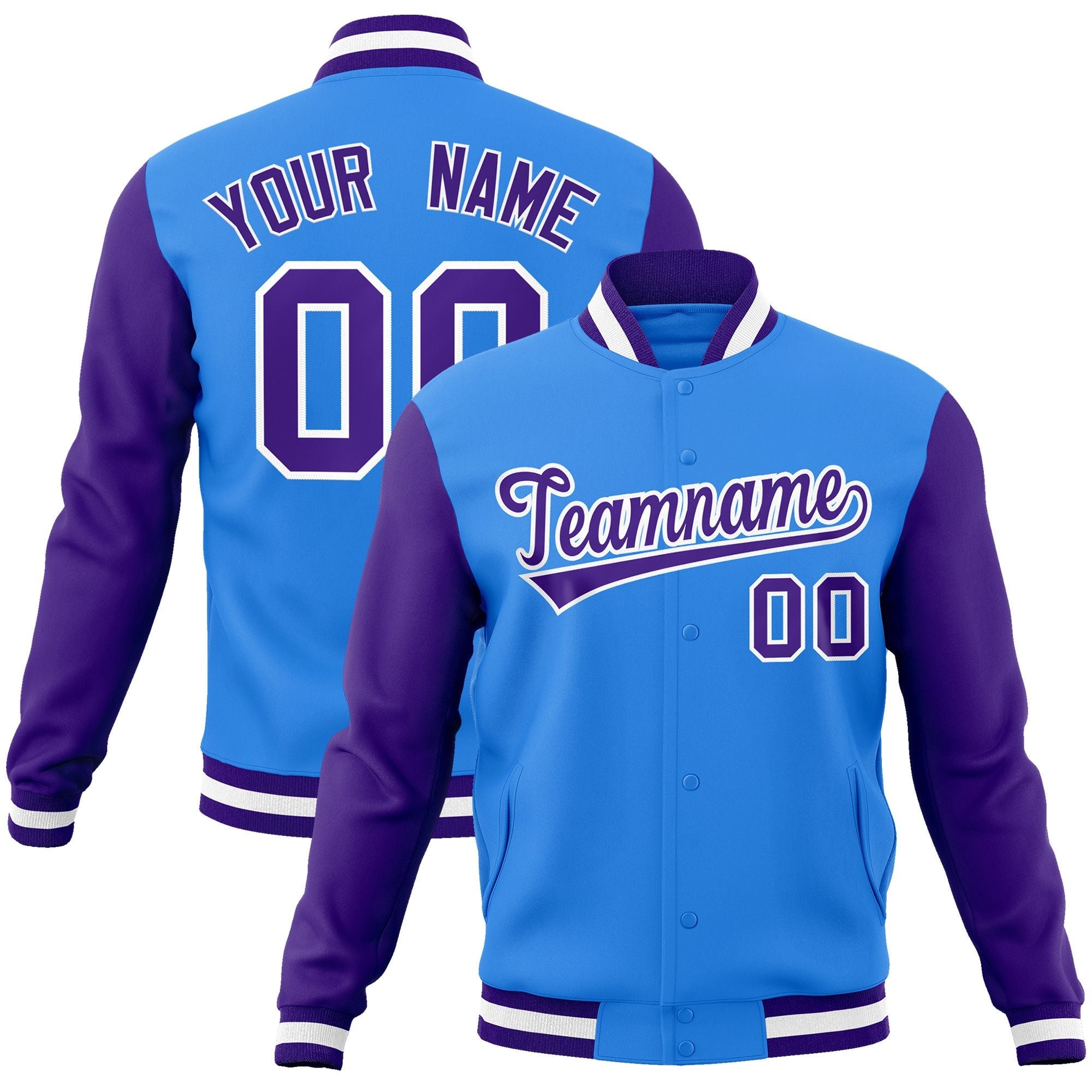 Custom Powder Blue Purple-White Raglan Sleeves Varsity Full-Snap Letterman Jacket