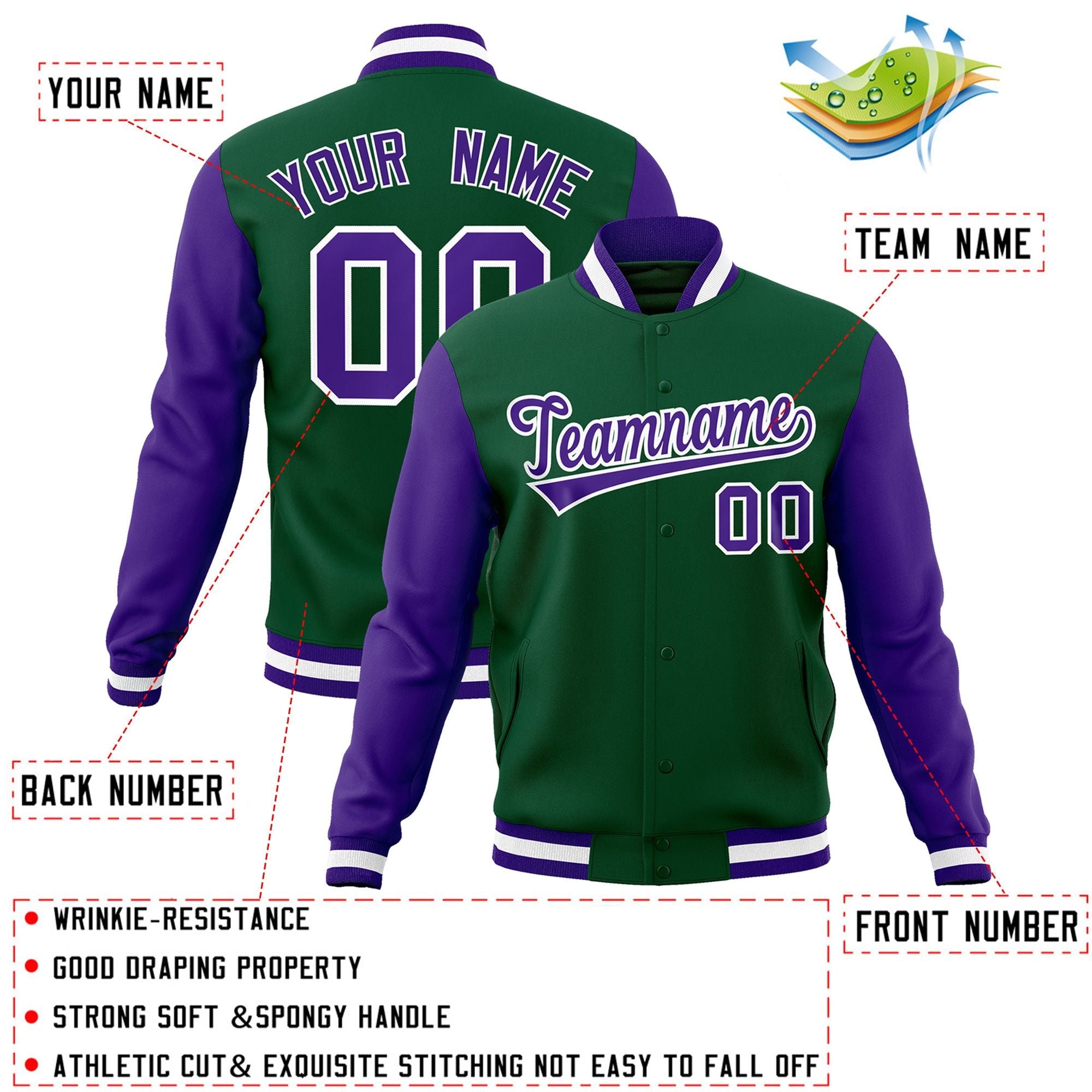 Custom Green Purple-White Raglan Sleeves Varsity Full-Snap Letterman Jacket