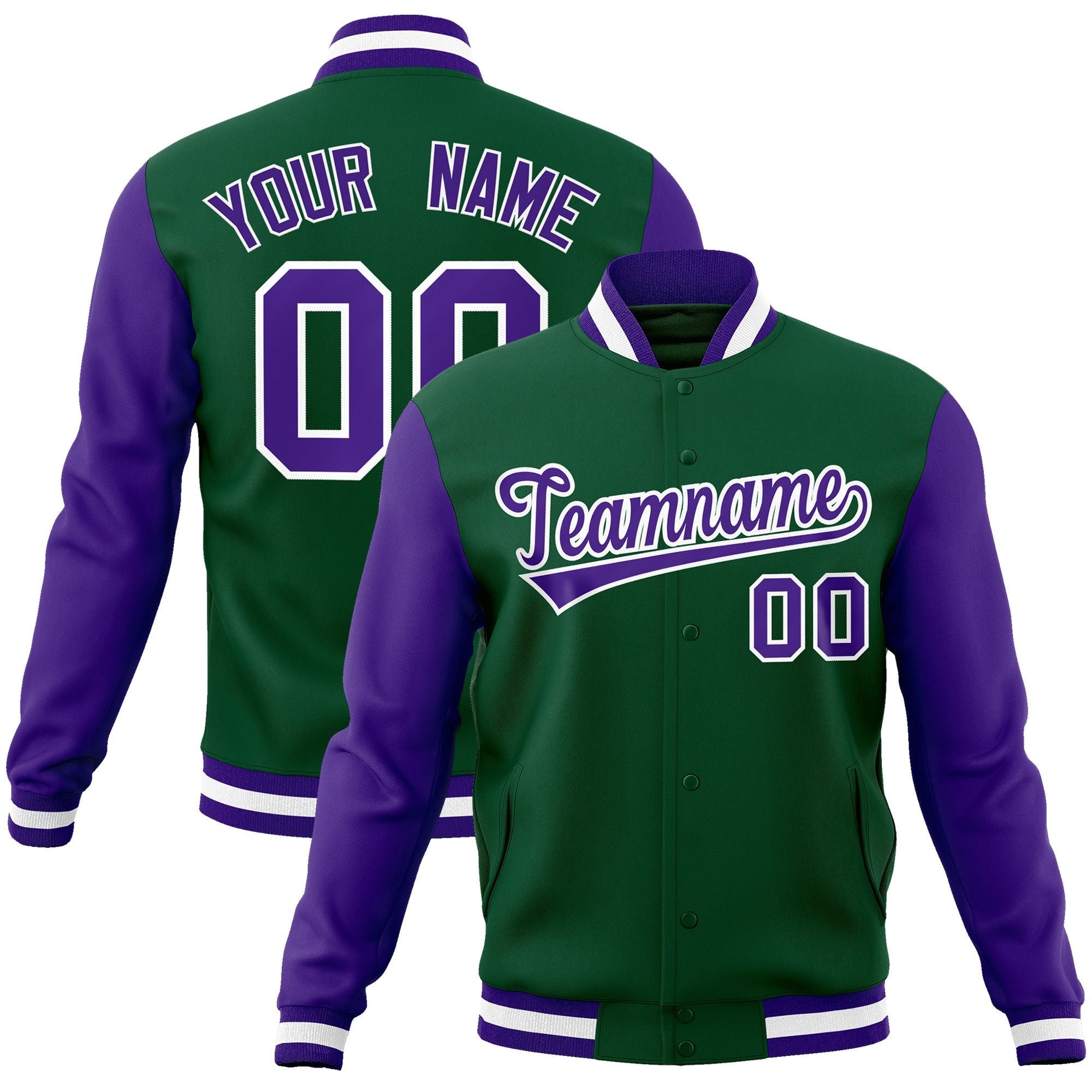 Custom Green Purple-White Raglan Sleeves Varsity Full-Snap Letterman Jacket