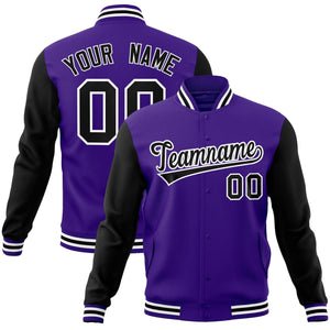 Custom Purple Black-White Raglan Sleeves Varsity Full-Snap Letterman Jacket