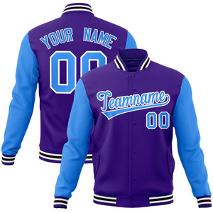 Custom Purple Powder Blue-White Raglan Sleeves Varsity Full-Snap Letterman Jacket