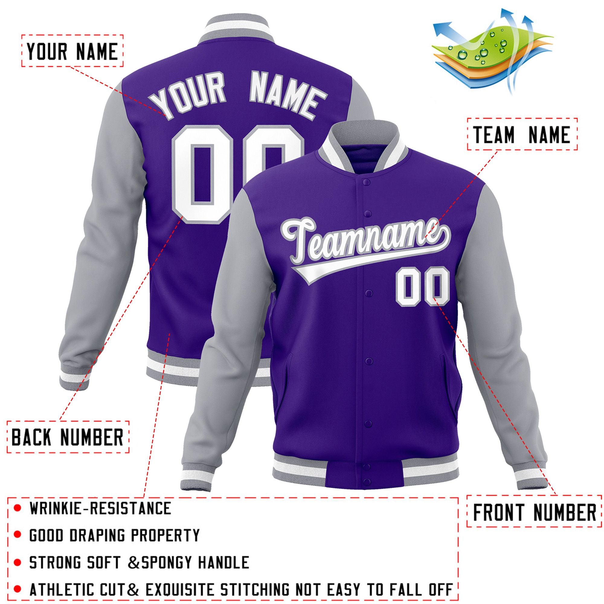 Veste Letterman Varsity Full-Snap à manches raglan personnalisées violet blanc-gris