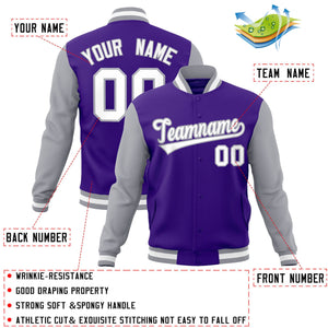 Custom Purple White-Gray Raglan Sleeves Varsity Full-Snap Letterman Jacket