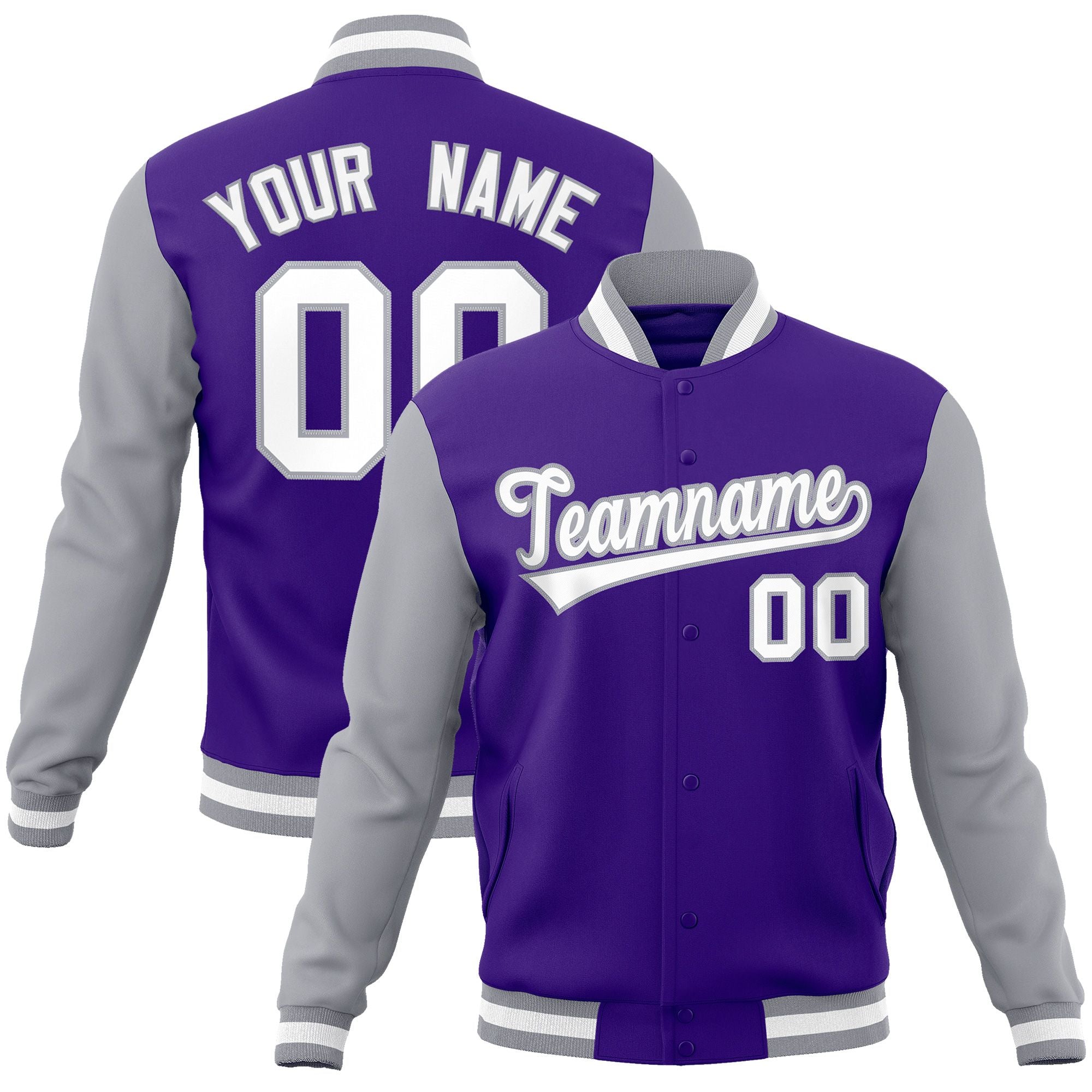 Custom Purple White-Gray Raglan Sleeves Varsity Full-Snap Letterman Jacket