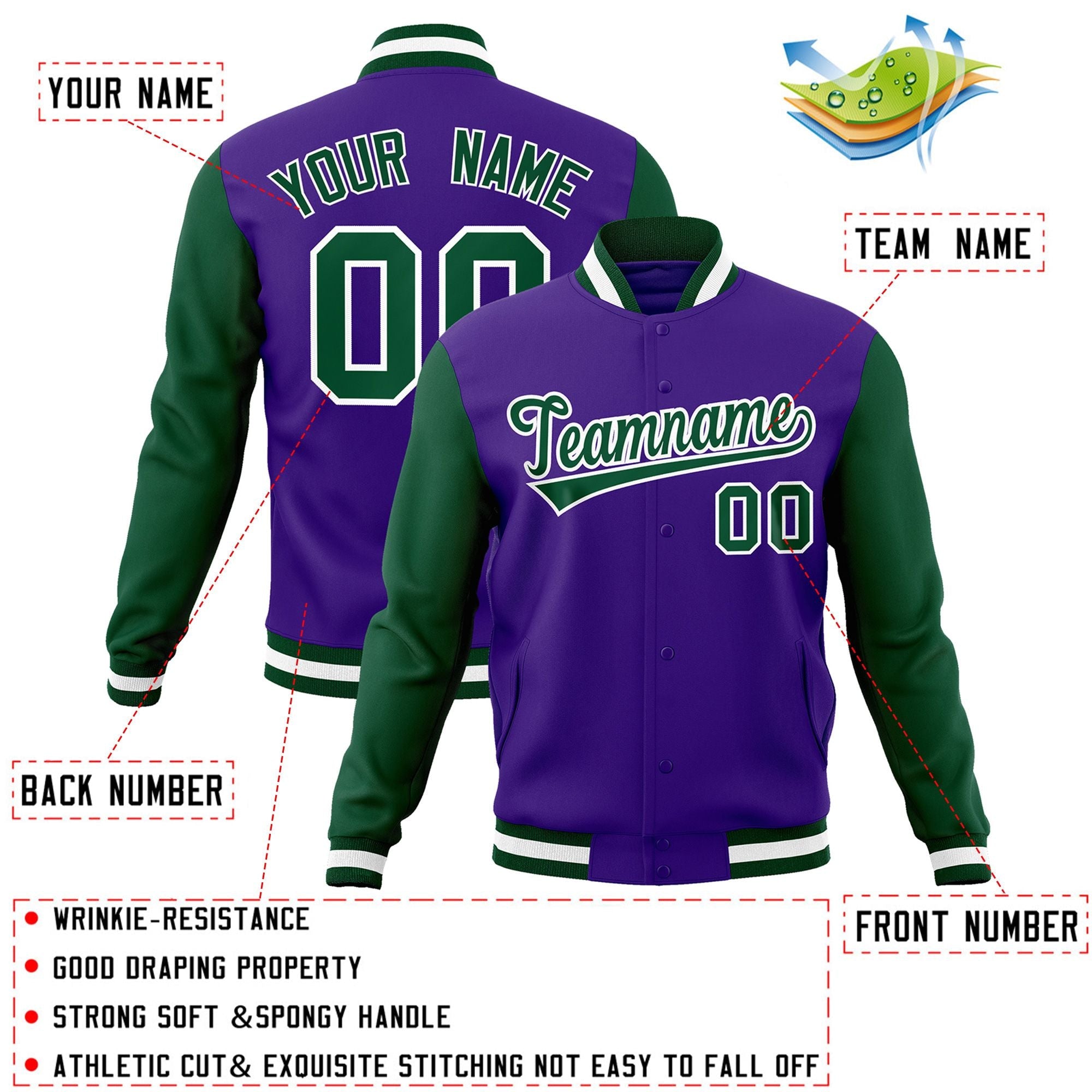 Custom Purple Green-White Raglan Sleeves Varsity Full-Snap Letterman Jacket