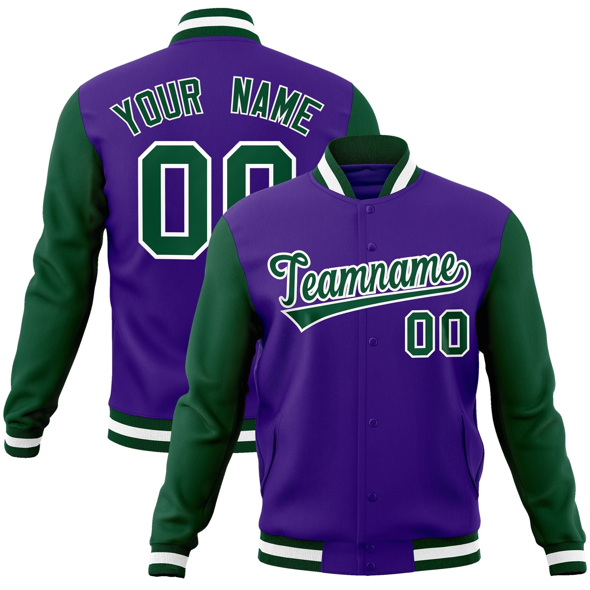 Custom Purple Green-White Raglan Sleeves Varsity Full-Snap Letterman Jacket