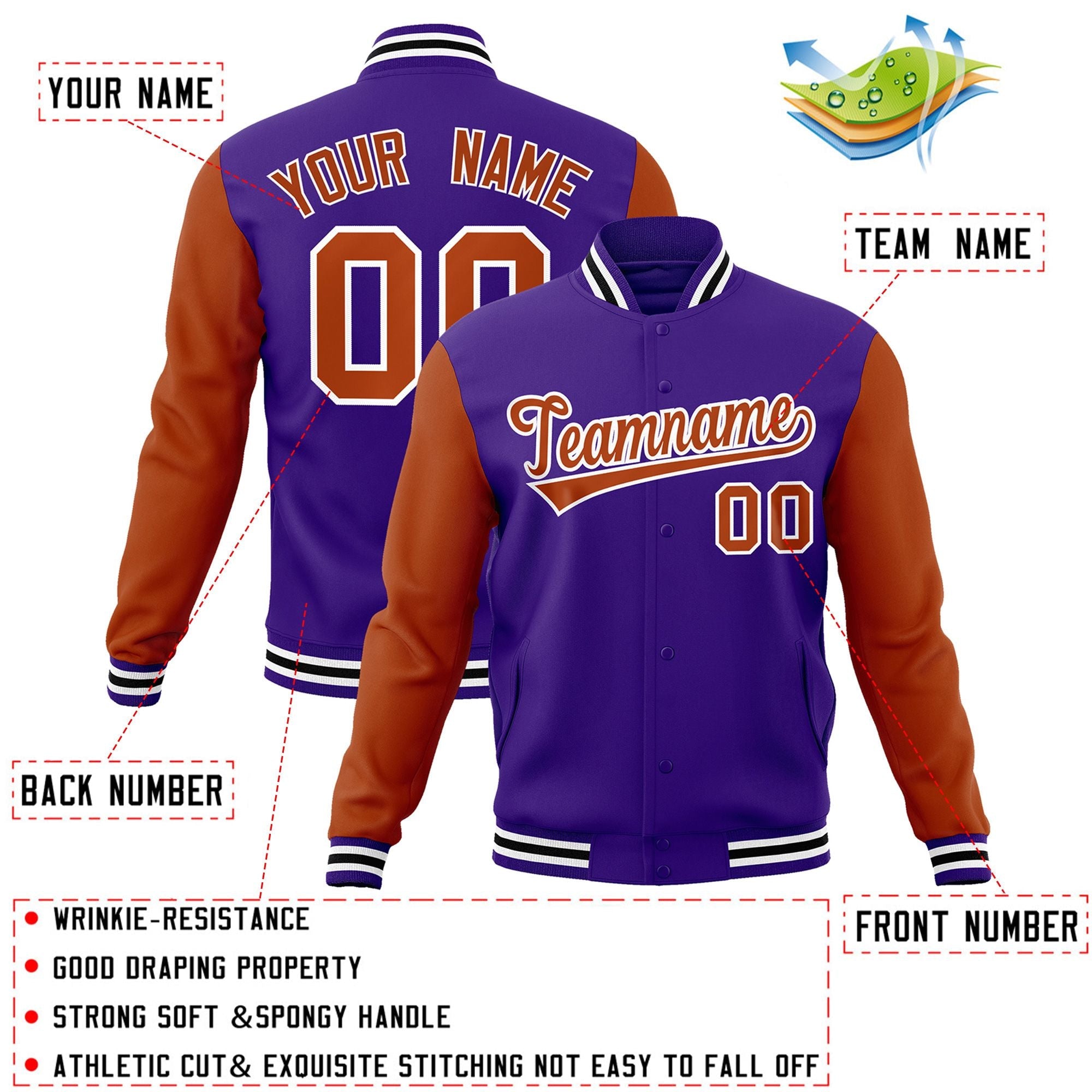 Custom Purple Texas Orange-White Raglan Sleeves Varsity Full-Snap Letterman Jacket