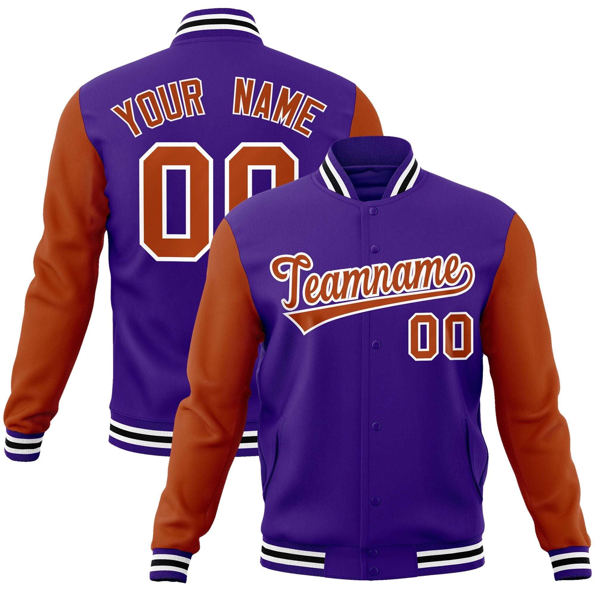 Custom Purple Texas Orange-White Raglan Sleeves Varsity Full-Snap Letterman Jacket