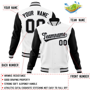 Custom White Black-Gray Raglan Sleeves Varsity Full-Snap Letterman Jacket