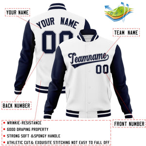 Veste Letterman Varsity Full-Snap personnalisée à manches raglan blanc-gris marine