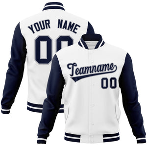 Custom White Navy-Gray Raglan Sleeves Varsity Full-Snap Letterman Jacket